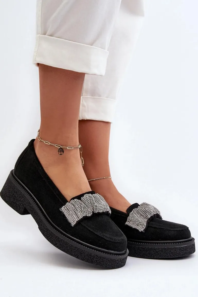 Zazoo 3419 Mokasyny Damskie Zamszowe Z Ozdobnym Paseczkiem Czarne