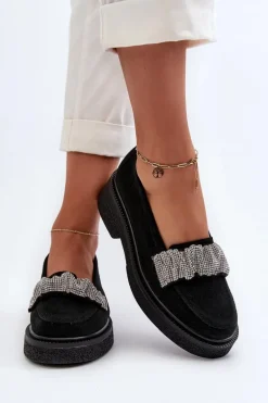 Zazoo 3419 Mokasyny Damskie Zamszowe Z Ozdobnym Paseczkiem Czarne