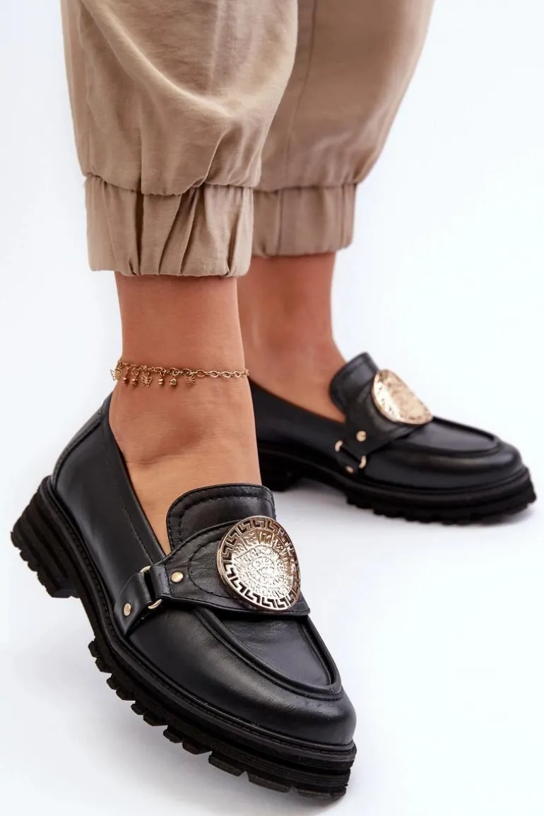 Zazoo 3485 Mokasyny Damskie Ze Złotą Ozdobą Skóra Naturalna