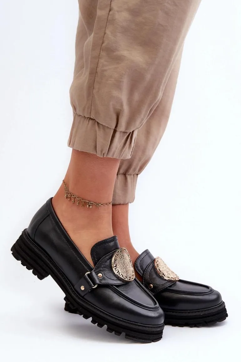 Zazoo 3485 Mokasyny Damskie Ze Złotą Ozdobą Skóra Naturalna