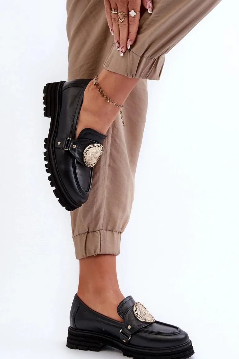 Zazoo 3485 Mokasyny Damskie Ze Złotą Ozdobą Skóra Naturalna