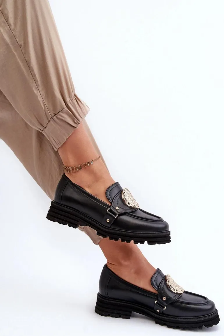 Zazoo 3485 Mokasyny Damskie Ze Złotą Ozdobą Skóra Naturalna