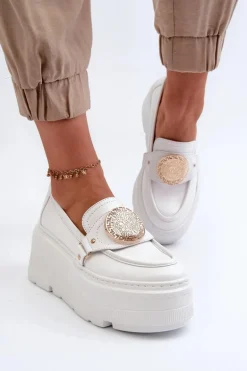 Zazoo 3458 Mokasyny Skórzane Damskie Z Ozdobą Białe