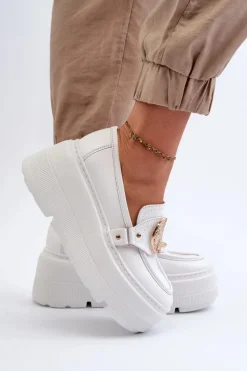 Zazoo 3458 Mokasyny Skórzane Damskie Z Ozdobą Białe