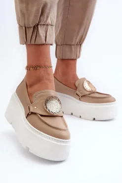 Zazoo 3458 Mokasyny Skórzane Damskie Z Ozdobą Beżowe