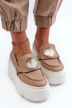 Zazoo 3458 Mokasyny Skórzane Damskie Z Ozdobą Beżowe