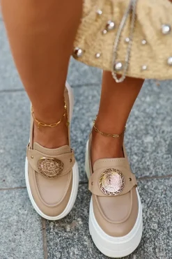 Zazoo 3458 Mokasyny Skórzane Damskie Z Ozdobą Beżowe