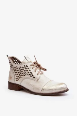 Zazoo 2878 Niskie Ażurowe Botki Skórzane Damskie Srebrne