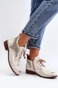 Zazoo 2878 Niskie Ażurowe Botki Skórzane Damskie Srebrne