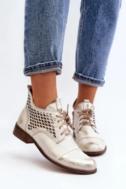 Zazoo 2878 Niskie Ażurowe Botki Skórzane Damskie Srebrne