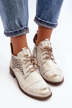 Zazoo 2878 Niskie Ażurowe Botki Skórzane Damskie Srebrne