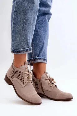 Zazoo 2878 Niskie Ażurowe Botki Damskie Zamszowe Beżowe