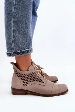 Zazoo 2878 Niskie Ażurowe Botki Damskie Zamszowe Beżowe