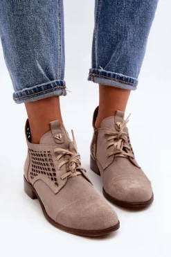 Zazoo 2878 Niskie Ażurowe Botki Damskie Zamszowe Beżowe