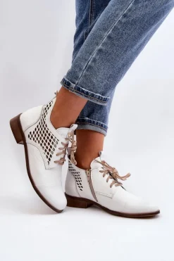 Zazoo 2878 Niskie Ażurowe Botki Skórzane Damskie Białe