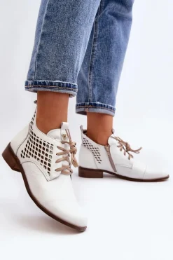 Zazoo 2878 Niskie Ażurowe Botki Skórzane Damskie Białe
