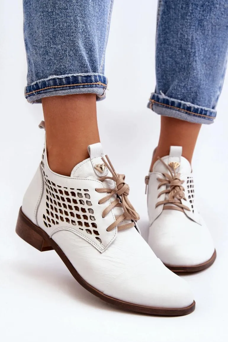 Zazoo 2878 Niskie Ażurowe Botki Skórzane Damskie Białe