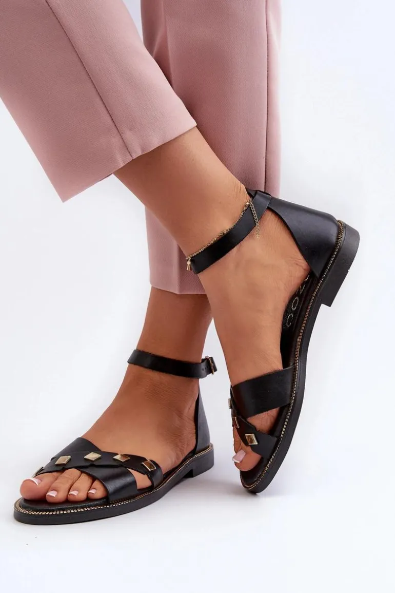 Zazoo 40378 Płaskie Skórzane Sandały Damskie Czarne