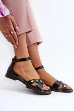 Zazoo 40378 Płaskie Skórzane Sandały Damskie Czarne