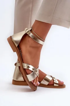 Zazoo 40378 Płaskie Skórzane Sandały Damskie Złote