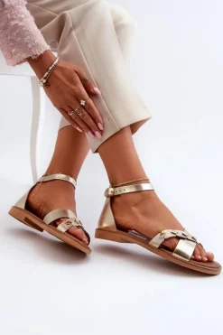 Zazoo 40378 Płaskie Skórzane Sandały Damskie Złote