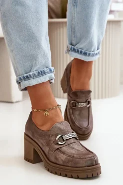 Zazoo 20175 Półbuty Damskie Na Słupku Skóra Naturalna Ciemnobeżowe