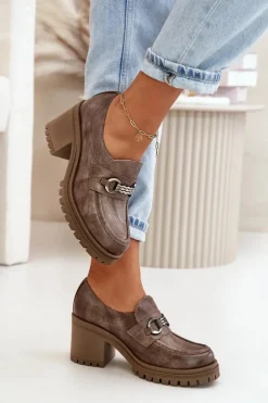 Zazoo 20175 Półbuty Damskie Na Słupku Skóra Naturalna Ciemnobeżowe