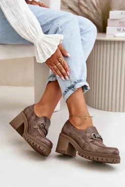 Zazoo 20175 Półbuty Damskie Na Słupku Skóra Naturalna Ciemnobeżowe