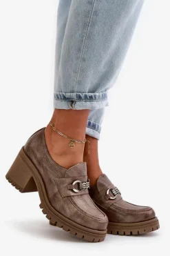 Zazoo 20175 Półbuty Damskie Na Słupku Skóra Naturalna Ciemnobeżowe