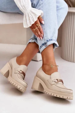 Zazoo 20175 Półbuty Damskie Na Słupku Skóra Naturalna Jasnobeżowe