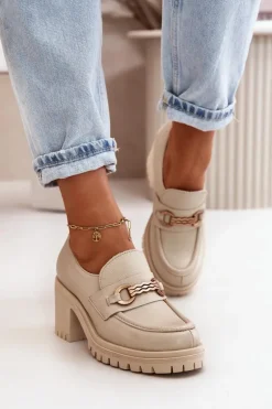 Zazoo 20175 Półbuty Damskie Na Słupku Skóra Naturalna Jasnobeżowe