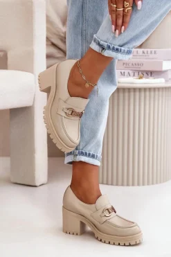 Zazoo 20175 Półbuty Damskie Na Słupku Skóra Naturalna Jasnobeżowe