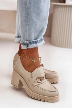 Zazoo 20175 Półbuty Damskie Na Słupku Skóra Naturalna Jasnobeżowe