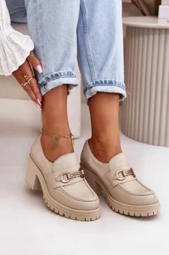 Zazoo 20175 Półbuty Damskie Na Słupku Skóra Naturalna Jasnobeżowe