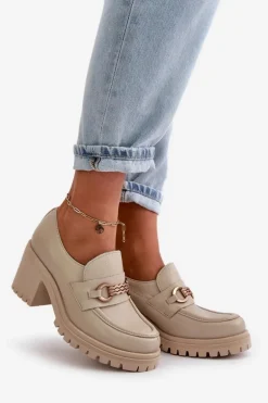 Zazoo 20175 Półbuty Damskie Na Słupku Skóra Naturalna Jasnobeżowe