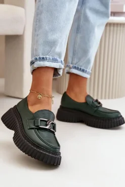 Zazoo 20176 Półbuty Mokasyny Damskie Ze Skóry Naturalnej Ciemnozielone