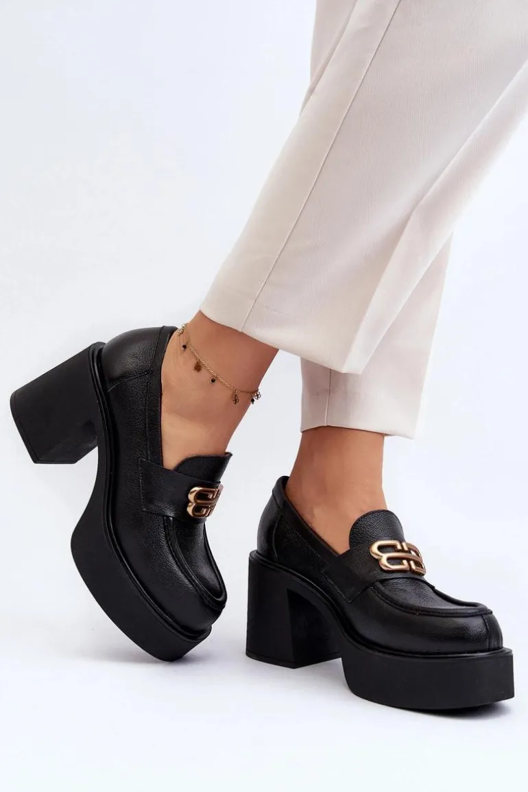 Zazoo 20170 Półbuty Skórzane Damskie Na Słupku Czarne