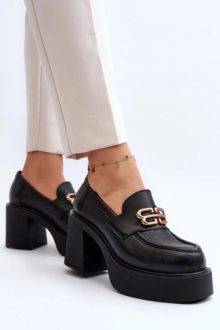 Zazoo 20170 Półbuty Skórzane Damskie Na Słupku Czarne