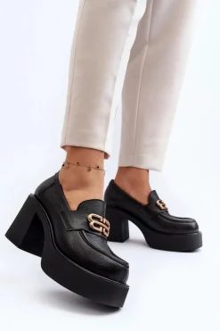 Zazoo 20170 Półbuty Skórzane Damskie Na Słupku Czarne