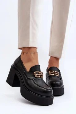 Zazoo 20170 Półbuty Skórzane Damskie Na Słupku Czarne
