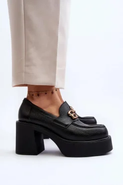 Zazoo 20170 Półbuty Skórzane Damskie Na Słupku Czarne