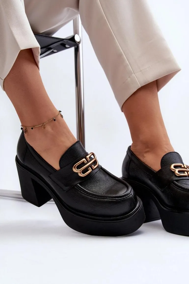 Zazoo 20170 Półbuty Skórzane Damskie Na Słupku Czarne