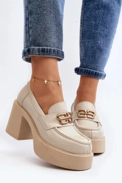 Zazoo 20170 Półbuty Skórzane Damskie Na Słupku Jasnobeżowe