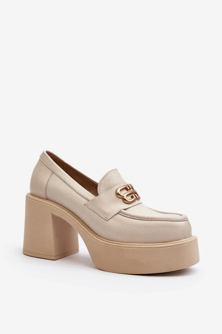 Zazoo 20170 Półbuty Skórzane Damskie Na Słupku Jasnobeżowe