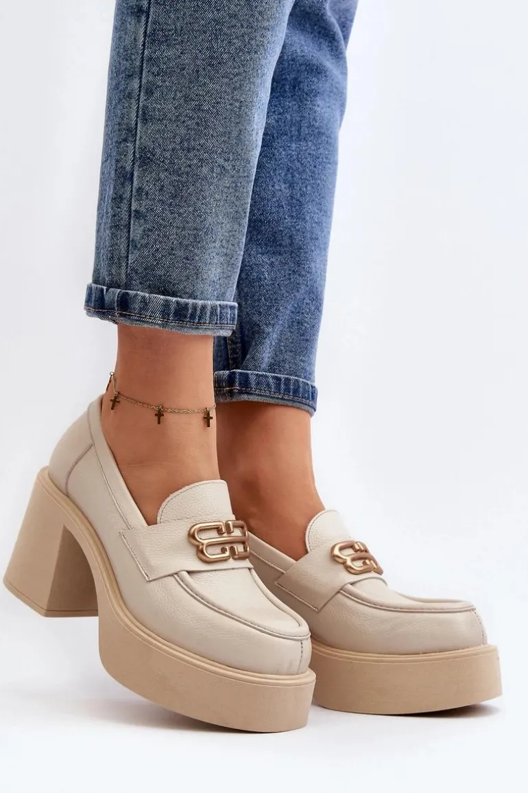 Zazoo 20170 Półbuty Skórzane Damskie Na Słupku Jasnobeżowe