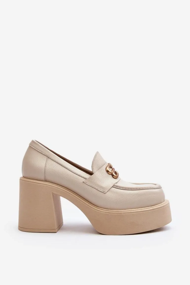 Zazoo 20170 Półbuty Skórzane Damskie Na Słupku Jasnobeżowe