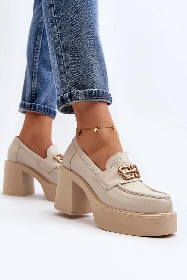 Zazoo 20170 Półbuty Skórzane Damskie Na Słupku Jasnobeżowe