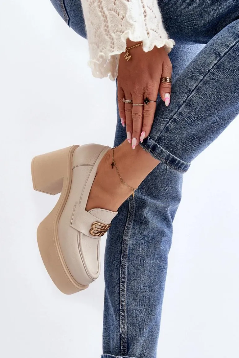 Zazoo 20170 Półbuty Skórzane Damskie Na Słupku Jasnobeżowe