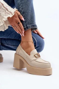 Zazoo 20170 Półbuty Skórzane Damskie Na Słupku Jasnobeżowe