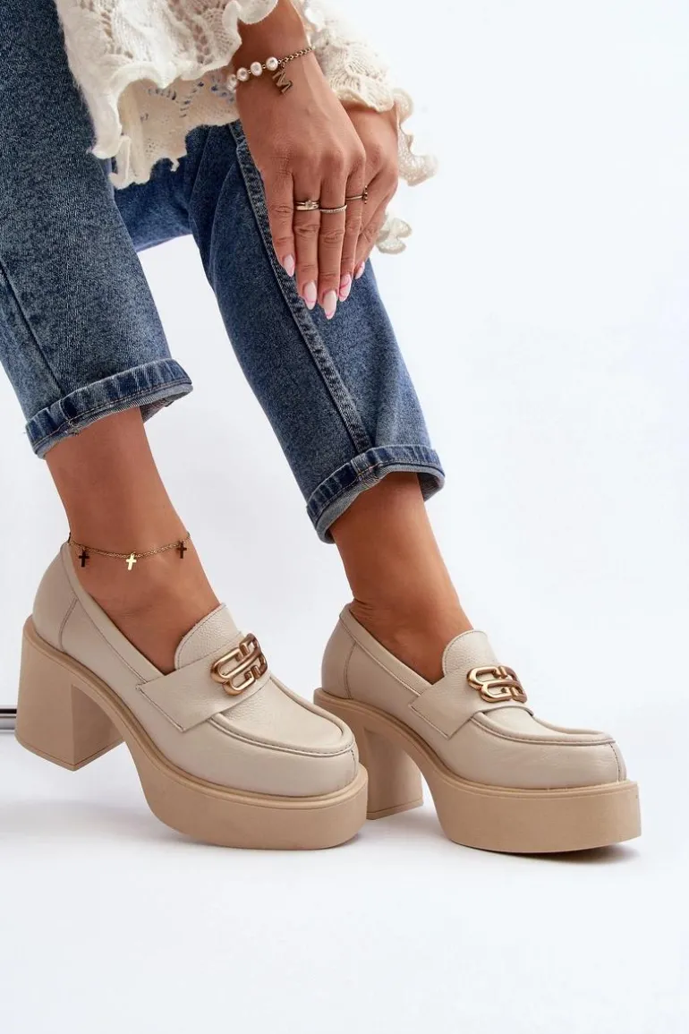 Zazoo 20170 Półbuty Skórzane Damskie Na Słupku Jasnobeżowe